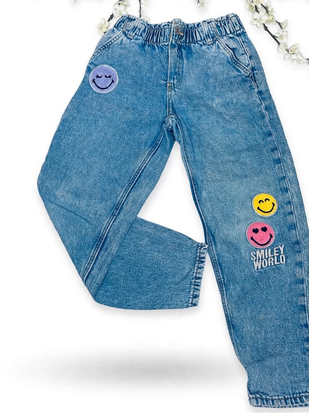 H&M Blue Denim Boyfriend Jeans with Smiley Patch Details